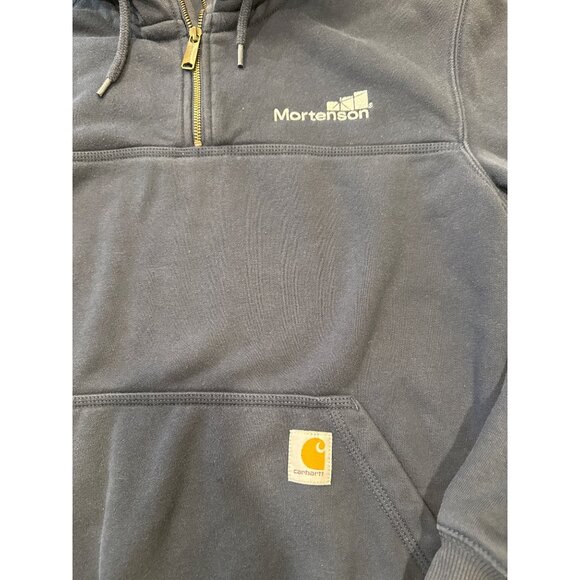 Carhartt Mens Navy Blue Half-Zip Hooded Sweatshirt W/ Mortenson Logo Embroidery - Picture 2 of 9